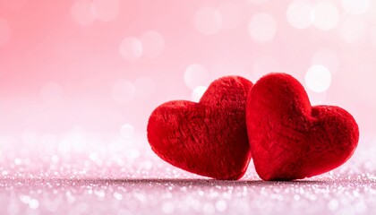 Two plush, red hearts sit on a glittery surface, soft focus pink bokeh background