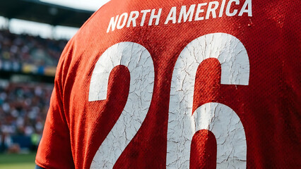 A close-up shot focuses on the back of a red jersey displaying "NORTH AMERICA" and the number "26", hinting at a major sporting event.