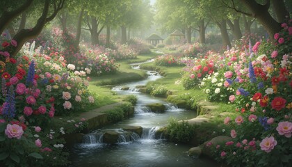 A serene depiction of a lush garden with flowing water channels and blooming flowers, symbolizing paradise as described in the Quran.
