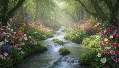 A serene depiction of a lush garden with flowing water channels and blooming flowers, symbolizing paradise as described in the Quran.
