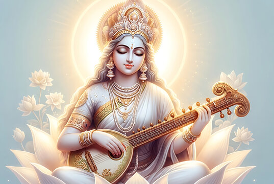 Goddess saraswati sitting on white lotus playing veena for saraswati puja and vasant panchami serene background for meditation and spiritual yoga retreat advertising and flyers