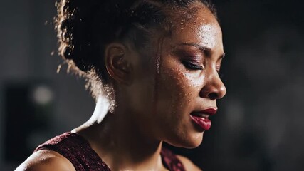 Close up of a tired exhausted sweaty woman with glitter makeup and red lipstick breathing heavily after intense workout session in dimly lit gym intense facial expression with glistening skin and