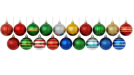 Naklejka premium Colorful christmas ornaments hanging in a row isolated on transparent background
