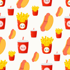 Cute fast food seamless pattern with kawaii characters