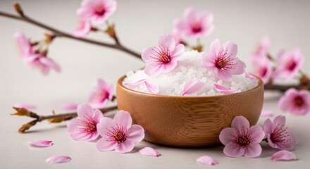 Pink flowers and white crystals in a wooden bowl on a neutral background
