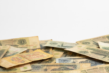 Old paper banknotes of the Soviet Union on a white background.