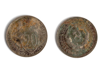 Old Soviet 20 kopeks coin dated 1931 with strong oxidation and green patina, shown obverse and reverse on white.