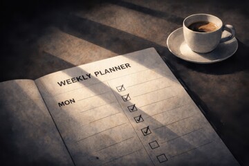 Boosting productivity and planning with a weekly planner and espresso cup in a cozy shadowy environment