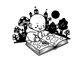 Black and white vector illustration of kawaii coloring page