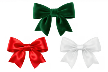 Holiday bows in red satin, white satin, and green velvet for gifts, celebrations, christmas, or seasonal decoration