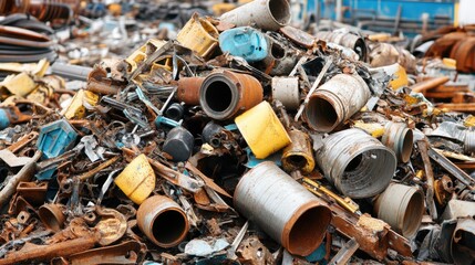 A large pile of salvaged and damaged metallic components rests in a scrap heap