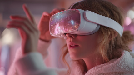 Close-up portrait of a woman wearing virtual reality goggles with a blurred background and pink lighting.