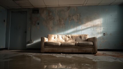 Abandoned room with worn-out sofa and peeling blue walls