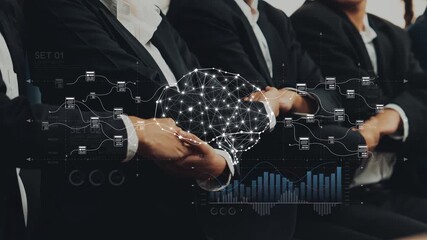 Business professionals engage in a collaborative brainstorming session with a digital brain visualization, symbolizing innovation and teamwork in a modern workspace. Raster - Powered by Adobe