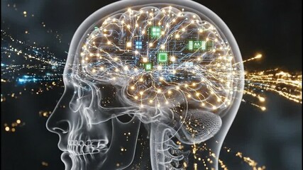 Abstract glowing brain with digital network connections and light trails - Powered by Adobe