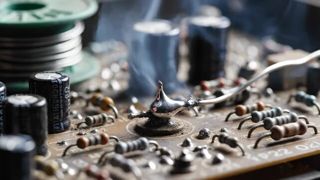 Close up of a soldering iron creating a shiny metallic globule of solder with wisps of smoke rising from a complex electronic circuit board with numerous resistors and capacitors in a macro shot with