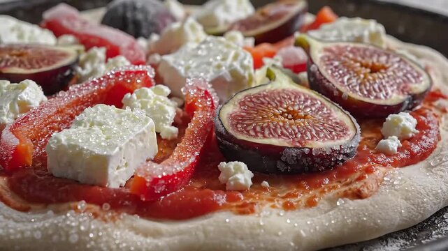 Delicious Fig and Goat Cheese Pizza Preparation Close Up.