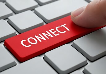 Finger pressing bright red CONNECT button on modern keyboard, representing immediate action, global networking, digital partnership, and successful data transfer for business presentations