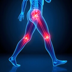 3D medical illustration of a walking human silhouette with the hip and both knee joints highlighted in glowing red to represent pain, inflammation, or injury in the lower body.