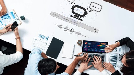 A collaborative workspace featuring a laptop, smartphone, and a digital assistant illustration. The scene emphasizes teamwork and data analytics in a modern office environment. Raster - Powered by Adobe