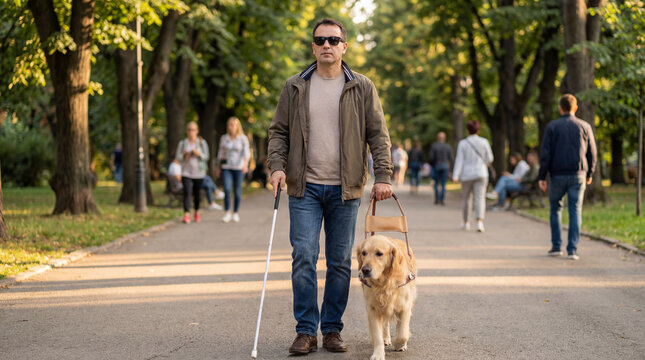 Blind man walks with guide dog. Guide dog assists safe city park walk, white cane mobility, inclusive accessibility message for World Sight Day, Disability Day campaign, copy space