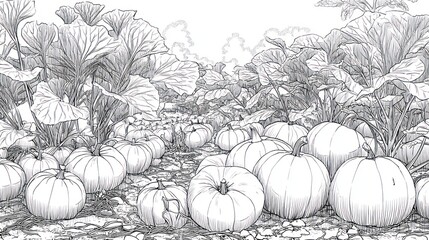 Black and white illustration of pumpkins growing amidst foliage in a field