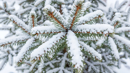 Pine branches heavily laden with fresh snow and gently falling flakes, capturing a silent, festive winter wonderland texture. Perfect for holiday greetings, Christmas cards, seasonal marketing,
