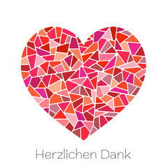 Herzlichen Dank - Schriftzug in deutscher Sprache. Quadratische Gru&szlig;karte mit einem Mosaikherz in Rott&ouml;nen.