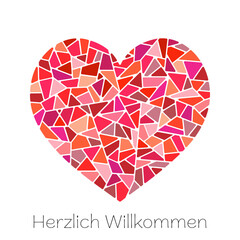 Herzlich Willkommen - Schriftzug in deutscher Sprache. Quadratische Gru&szlig;karte mit einem Mosaikherz in Rott&ouml;nen.