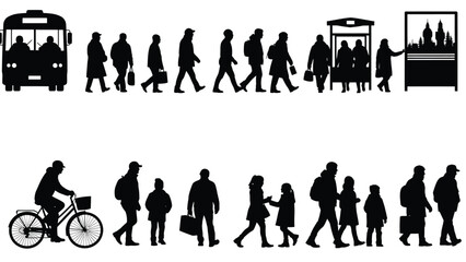 People walking and commuting to work in city