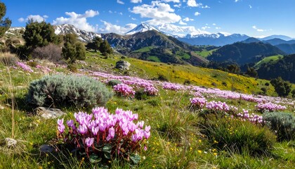Fototapeta premium Expansive landscape showcasing rolling hills, blooming pink flowers, and snow-capped mountains under a bright blue sky