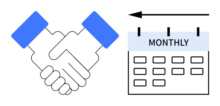 Business agreement. Handshake partnership alongside a monthly calendar for recurring agreements or payments. Business agreement for collaboration, payment plans, and scheduling. Ideal for finance