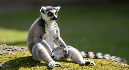 Obraz premium A captivating wildlife portrait showcasing a ring-tailed lemur, a fascinating primate with its iconic striped tail, resting gracefully amidst lush greenery, a true symbol of biodiversity