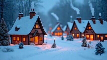 Fototapeta premium A cozy snow-covered village glows with warm orange light from cottage windows as smoke rises from chimneys into a twilight-blue winter sky. Peaceful and quiet, the scene feels like a storybook winter 