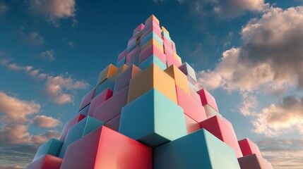 Colorful Abstract Pyramid of Cubes Against Dramatic Sky Background