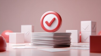 Red and White Checkmark Icon on Stack of Papers in Soft Pink Setting
