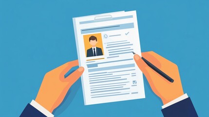 Professional Resume with Photo and Hand Holding Pen on Blue Background