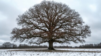 A large solitary leafless tree with intricate gnarled branches stands in a snowy field under an overcast winter sky