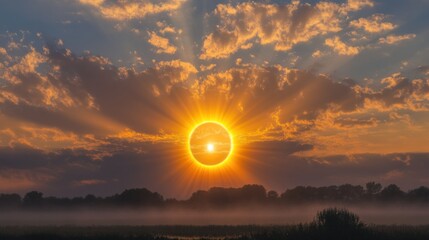 Annular Solar Eclipse at Dawn: Golden Ring of Fire in Misty Landscape