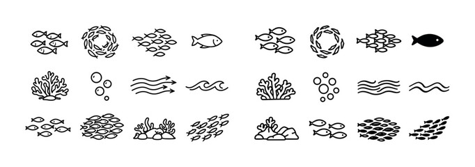 Black and white ocean icons set featuring fish, coral, waves, and bubbles