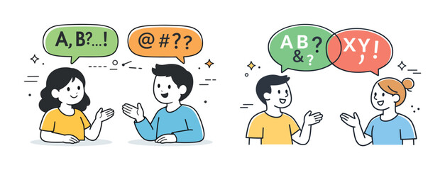 Fototapeta premium Cartoon characters engaging in enthusiastic conversations with speech bubbles