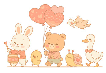 Cute Valentine Animals Parade, Kawaii Bunny Bear Duck Chick and Snail with Heart Balloons, Pastel Cute Illustration for Kids