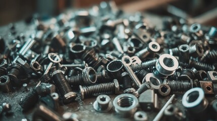 A large pile of various metal fasteners including bolts nuts and screws scattered across a surface
