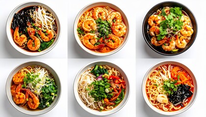 Six bowls of ramen, each with shrimp and varying garnishes, on white background