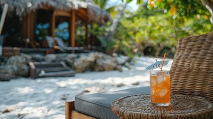 A glass of iced drink with a small umbrella sits on a wicker table near a sandy beach and a thatched hut. AI.