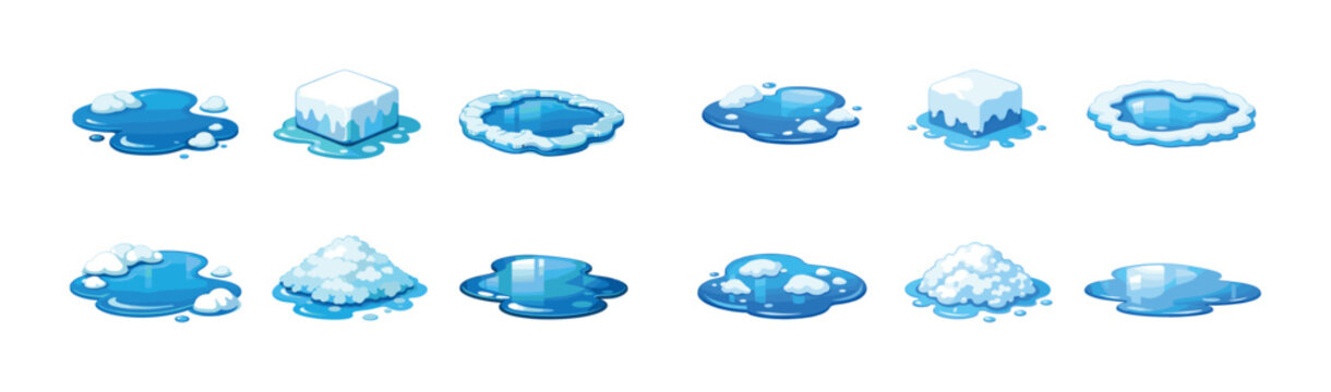 Cartoon ice and snow puddle collection on white background