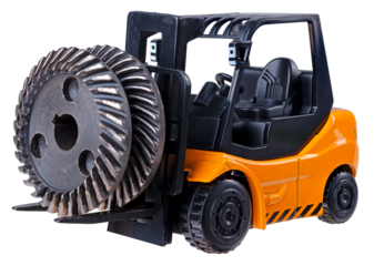 Toy forklift lifting two metal gears on isolated background.