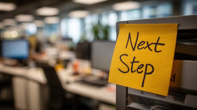 Inspiring office workspace with motivational next step note on file organizer - Powered by Adobe