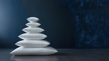 Obraz premium Stack of six white pillows against a dark blue backdrop. AI.