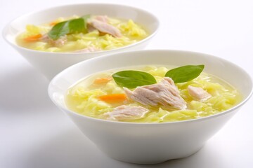 Warm chicken noodle soup in white bowls features tender chicken, golden noodles, bright carrots, fresh basil, hearty comfort food